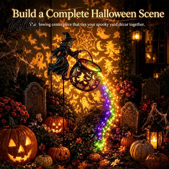 Glowing Yard Art for Halloween Witch Cauldron Light, Flying Silhouette Garden Stake with Colorful Metal Decor LED, Spooky Outdoor Decorative