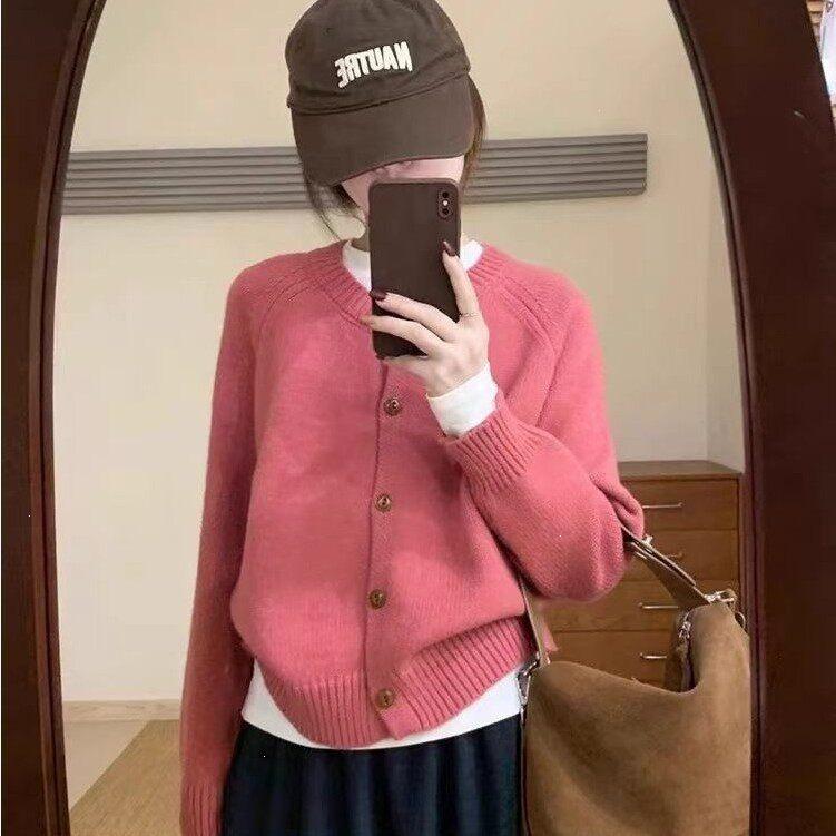 Women's Korean Style Round Neck Knit Cardigan Sweater - Loose Fit, Solid Color, Perfect for Autumn/Winter.