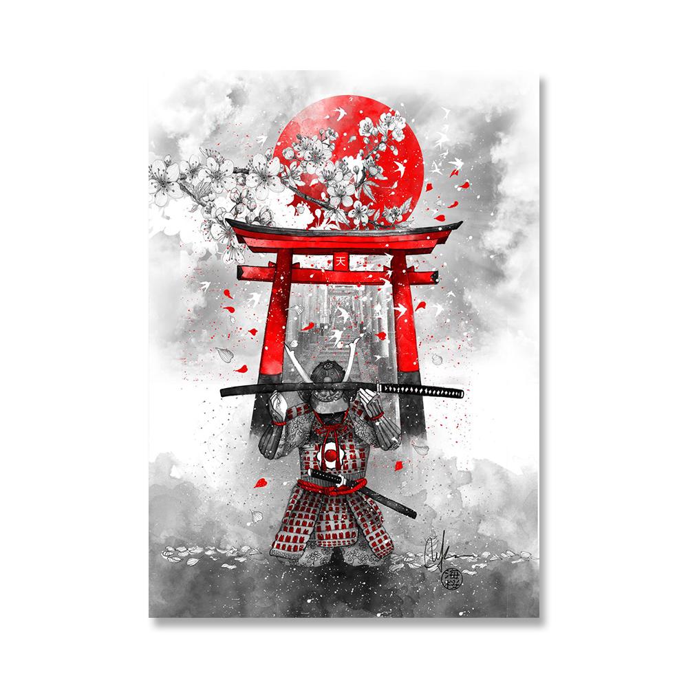 

Japanese Style Black Red Decorative Painting Samurai Warrior Fuji Red Sun Posters Prints for Living Room Wall Decor No Frame 21X30CMNo Framed