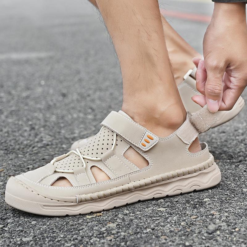 Summer Men's Leather Sandals Handmade Outdoor Ventilated Beach Slides Non-Slip Sole Casual Shoes
