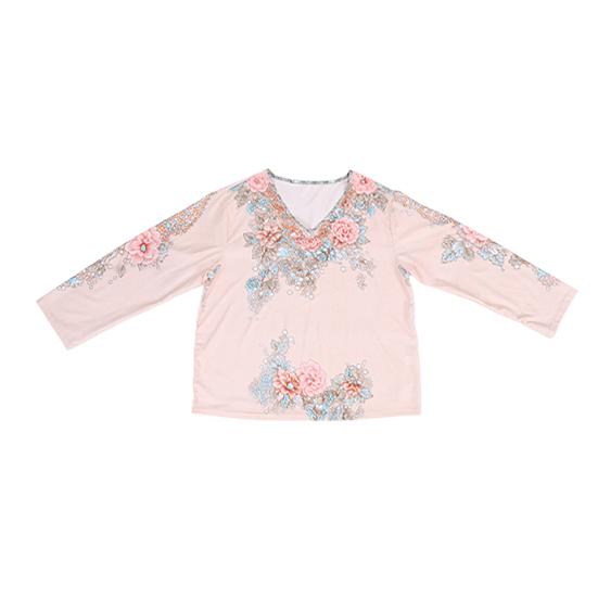 Women T-shirt V-Neck Long Sleeve 3D Flower Decor Pullover Tops with Faux Pearls Decor Spring Autumn Casual Tee Shirt