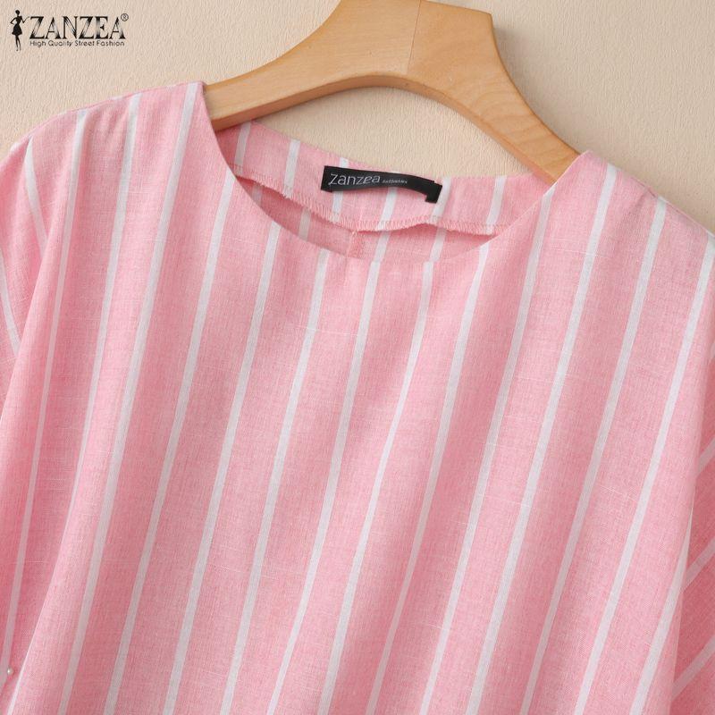 ZANZEA Women Casual Round Neck Loose Half Sleeve Stripe Blouse