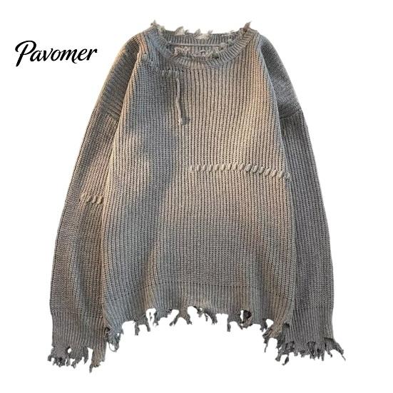 Hip HopSweater Men Fall Winter Sweater Ripped Tassel Solid Color Fringe Round Neck Long Sleeve Knitted Mid Length Loose Soft Warm Pullover Women