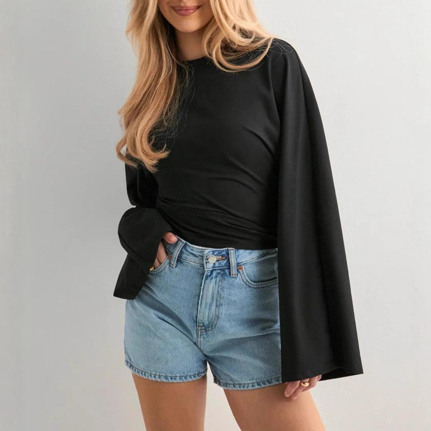 Light Gray Long Sleeve Blouse with Flare Sleeves and Waist Pleats