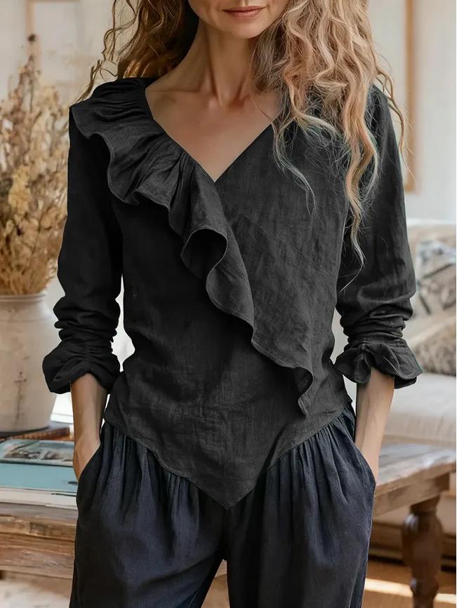Women's Solid Color V-Neck Long Sleeve Casual Ruffle Cotton Linen Top 2026