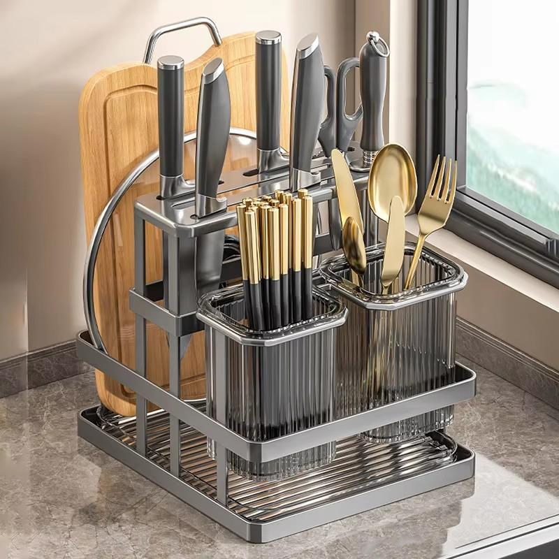Wall Mounted Kitchen Organizer Knife Rack Cutlery Organizer  Spoon Fork Chopstick Drain With Drain Tray  Board Drain Shelf