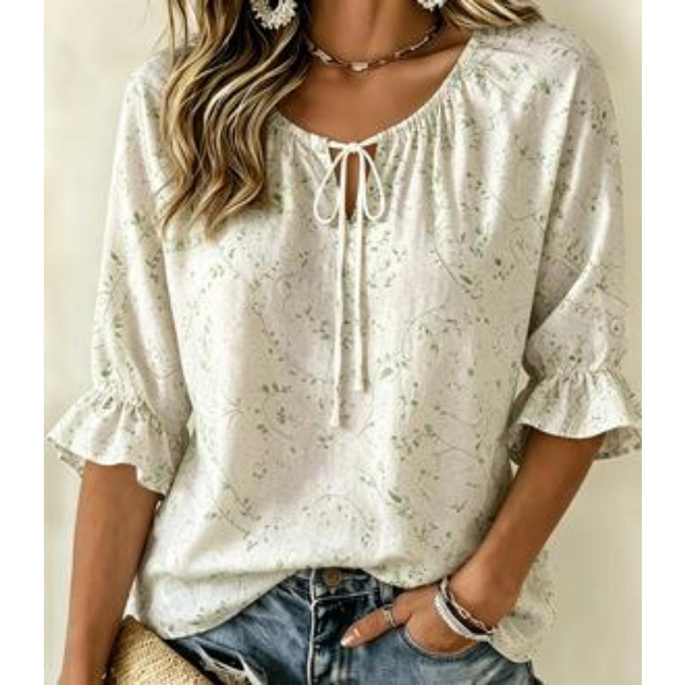 Women's Plaid Daisy Print Tie Neck Top Ruffle 3/4 Sleeve Loose Fit Summer Casual Daily Commuter Shirt