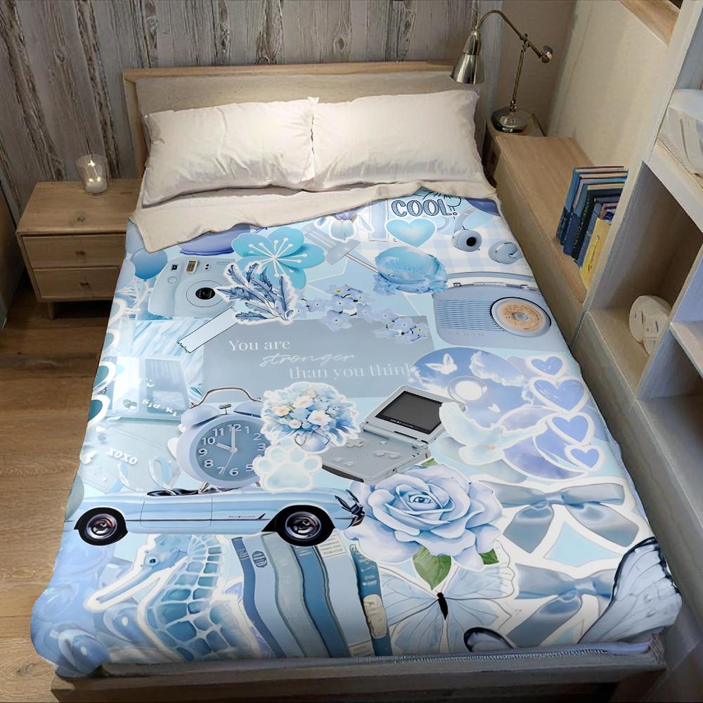 Blue Aesthetic Collage Flannel Blanket Warm Soft Halloween Christmas Couch Warm Cozy Decorative Decor Gift for All Season