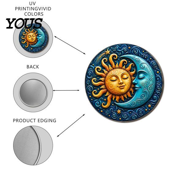 Modern Boho Wall Ornament Sun And Moon Art, 8Inch Round Metal Sign, Vintage Hanging Decoration for Home Living Room Bedroom Entrance Decor Retro Art