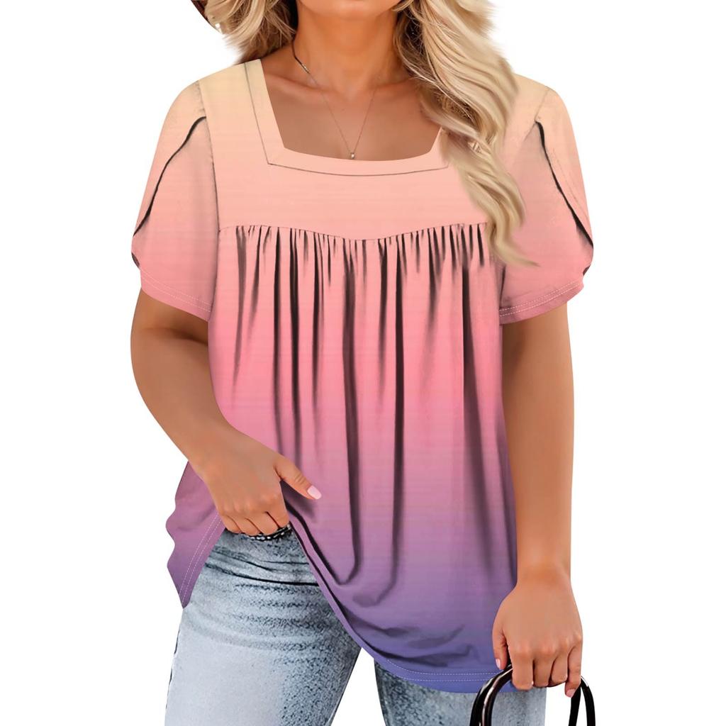 Women's Fashion Casual Printed Square Neck Short Sleeve Large Size T-Shirt Top