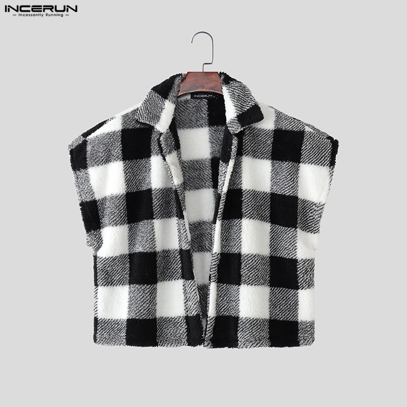 INCERUN Men Sleeveless Plaid Check Furry Casual Loose Cropped Waistcoat Vest