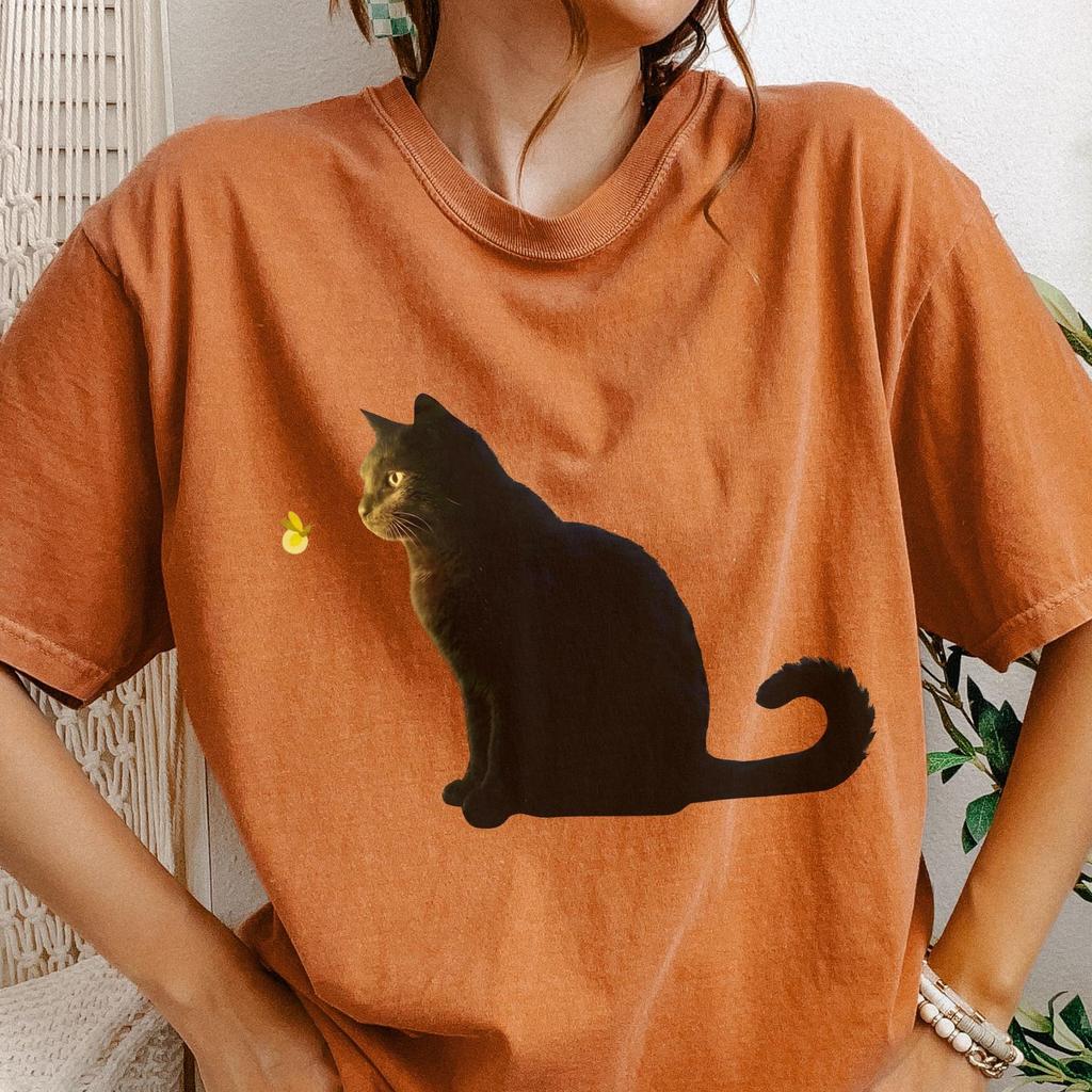 Black Cat Silhouette Firefly T-shirt | Neon Forest Graphic