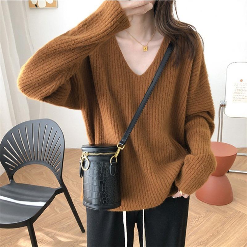 Lazy V-neck Pit Strip Autumn and Winter New Loose Design Sense Knitted Pullover Sweater Women Wear Simple Large Size Outside Wear