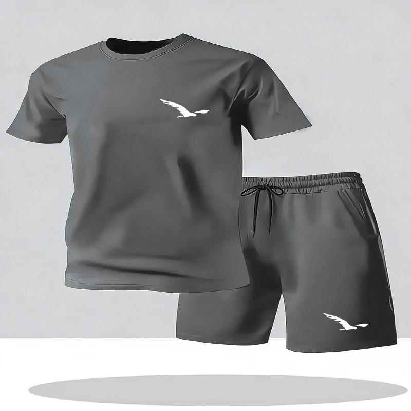 Traje esportivo casual de verão para homens, conjunto de roupas com t-shirt de gola redonda e manga curta e shorts, vestuário esportivo casual masculino