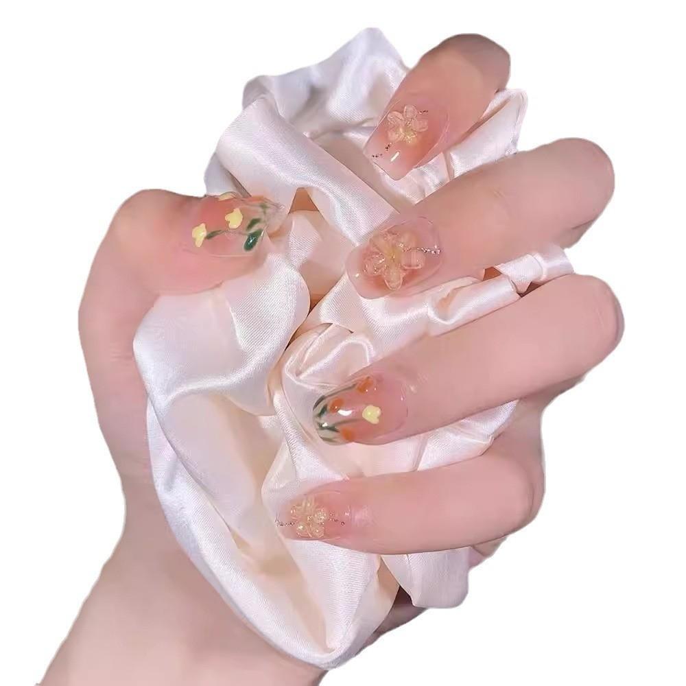 Painted Hand Tulip Worn Nail Art With 3d Flower Nail Sticker Decoration Finger