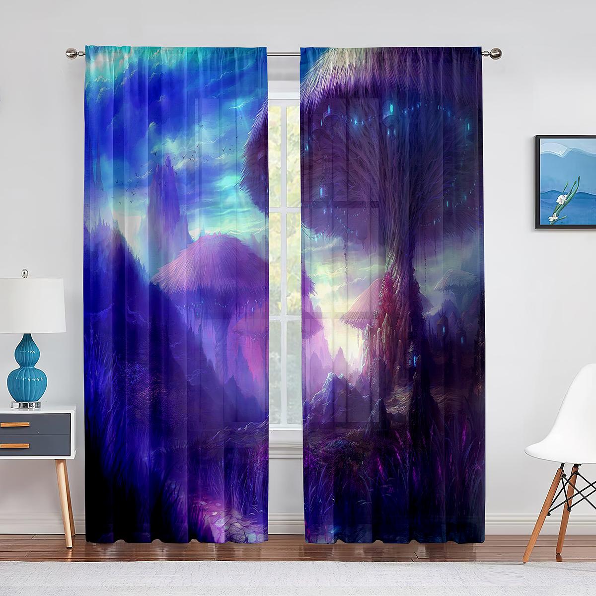 Тюлевые шторы с фиолетовым цветком и полем одинокого дерева — фото 15