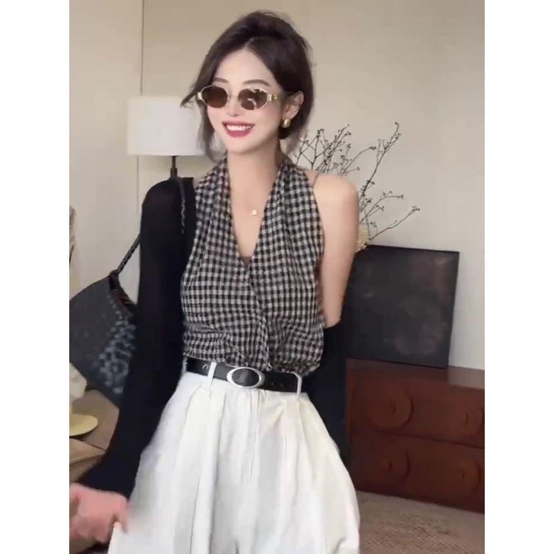 

K-стиль Ретро Дизайн Модный Жилет в Клетку Женский Лето 2025 Новое Поступление Элегантные Нарядные Топы-Рубашки с Холтер-вырезом Plaid S