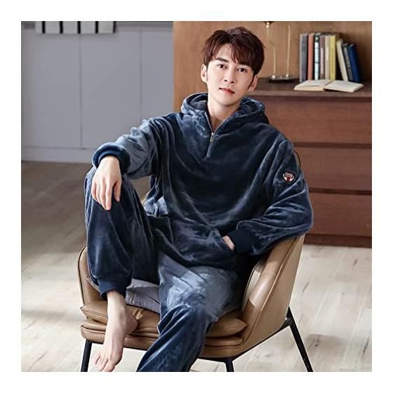 [D.IIZOO] Parka Style Long Sleeve Fluffy Pajamas Men's Winter Top and Bottom Set Room Wear Loose Warm Cold Protection Loungewear Fleece Lined Pajamas