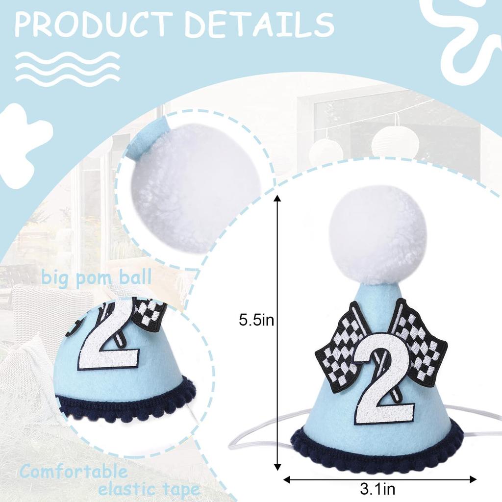 Race Car 2nd Birthday Crown for Boys - Fast Birthday Hat and Decoration, Blue Decor
