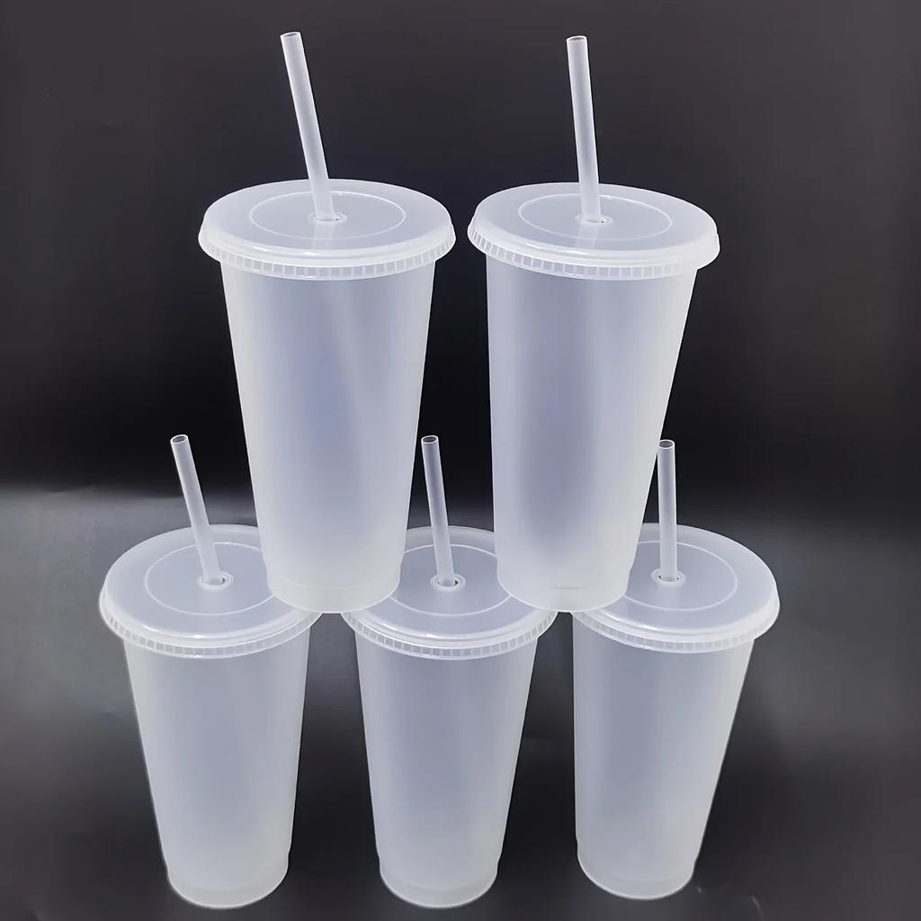 5 Stück 24oz Transparente Wiederverwendbare Becher mit Schwarzen Deckeln und Strohhalmen Eiskaffee Wasserflasche Kalte Smoothie-Becher Für Partys Getränk