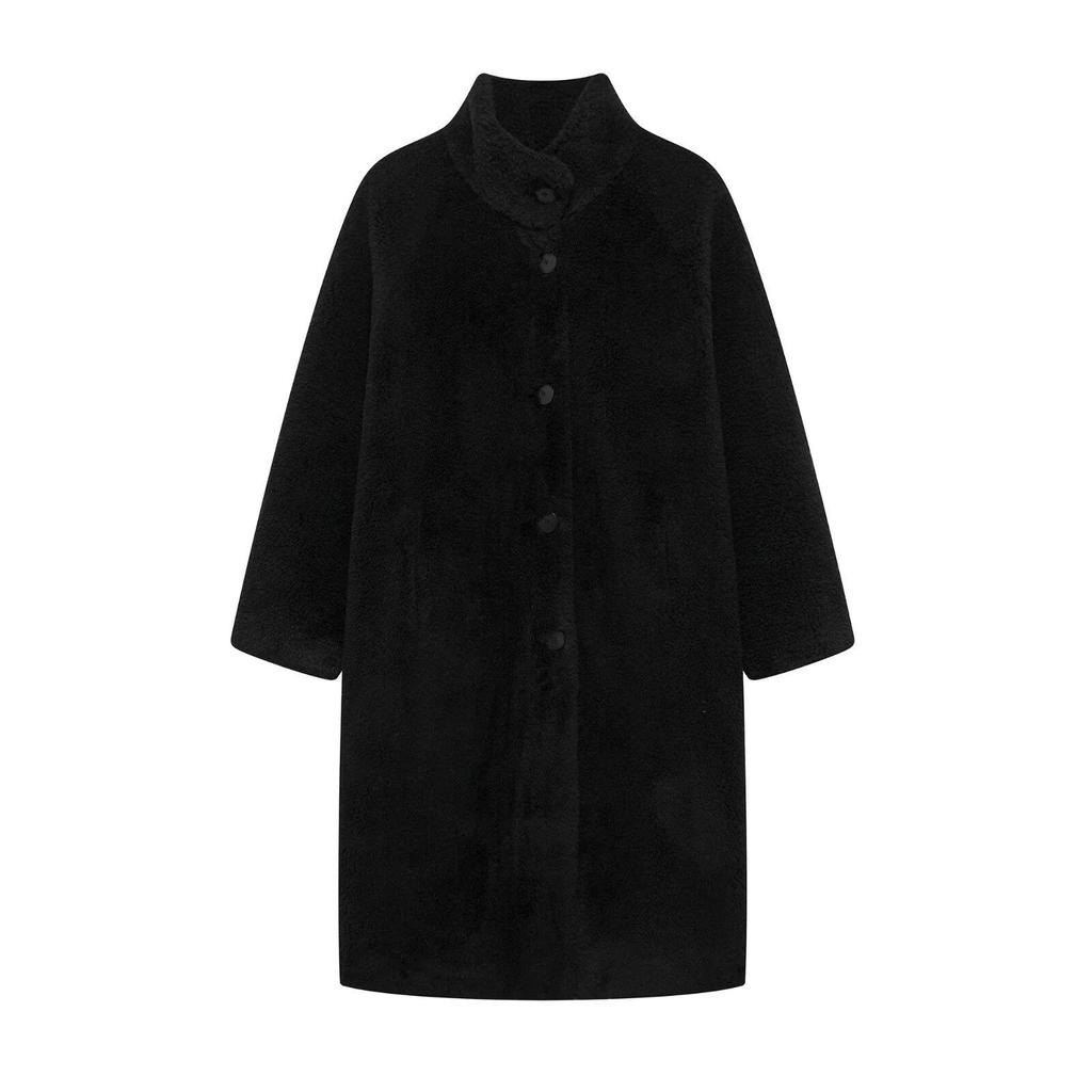European-American Style Women's Winter Fleece Long Coat with Stand-Up Collar - Versatile, Warm Outerwear