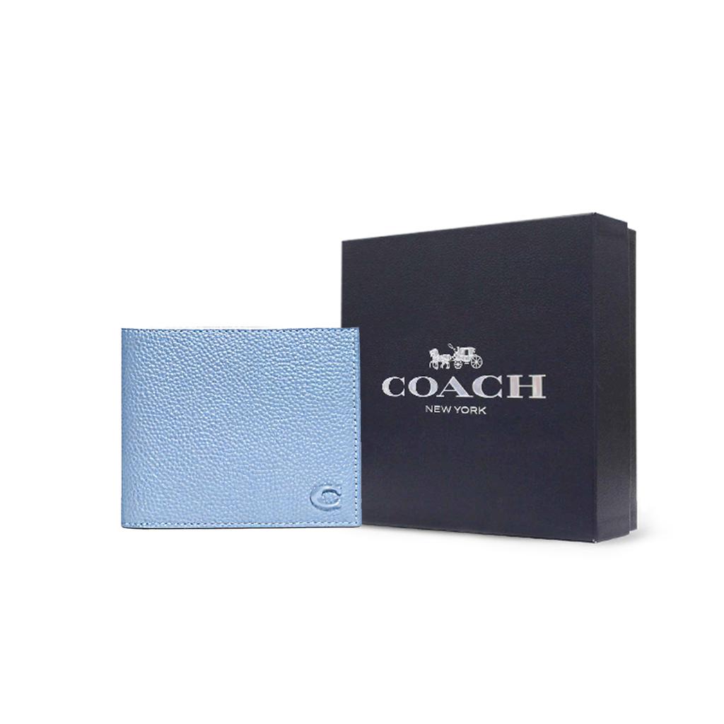 New COACH Billfold Wallet Pebbled Leather Wallet Women's Blue CC136-POL