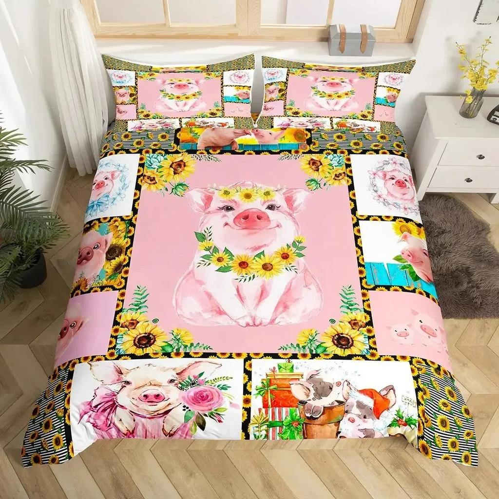 Cute Pig sunflowers Florals Pink Grid Lattice Plaid Comfortable Duvet Quilt Cover Pillowcase Bedding Set Bedroom Home Textile