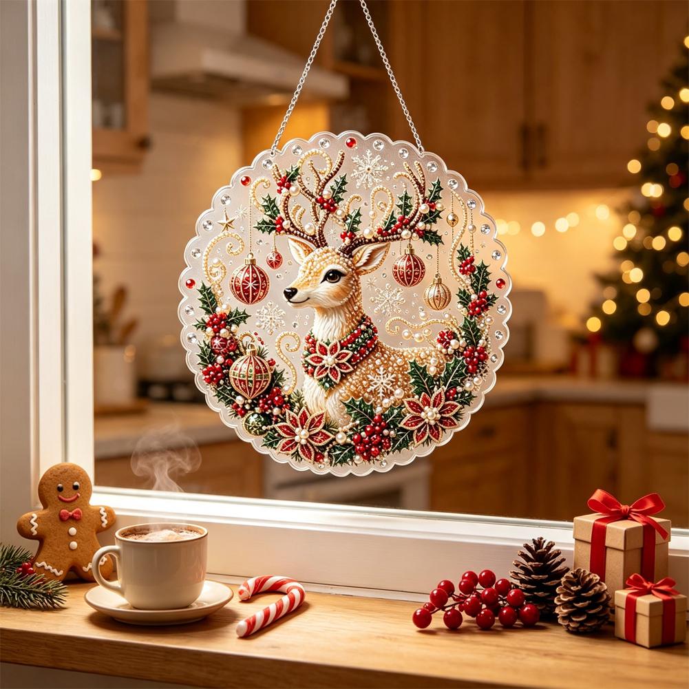 Christmas Pearl Diamond Painting Suncatcher Kit Diy Craft Metal Chain 3d Mixed-sized Pearl Beads Craft Festive Window Wall Decor