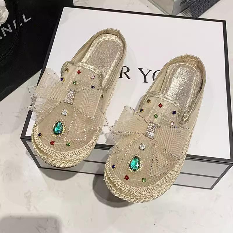 Summer new mesh rhinestone outer wear versatile bag head cool slippers flat bottom half drag women's shoes