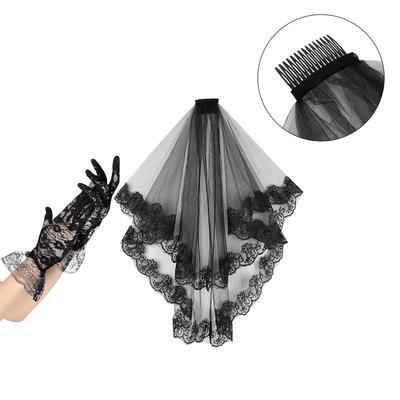 Set Velo e Guanti in Pizzo Nero di Halloween Eleganti Accessori in Tulle per Costume Copricapi per Donne Outfit per Festa in Maschera