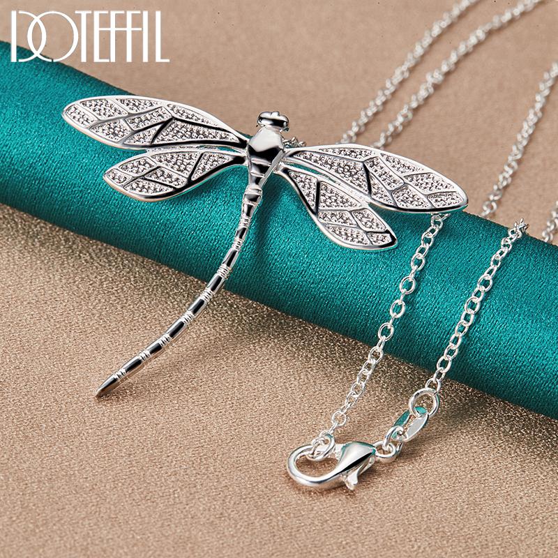 DOTEFFIL 925 Silver 40-75cm Chain Big Dragonfly Pendant Necklace For Women Wedding Engagement Party Fashion Jewelry
