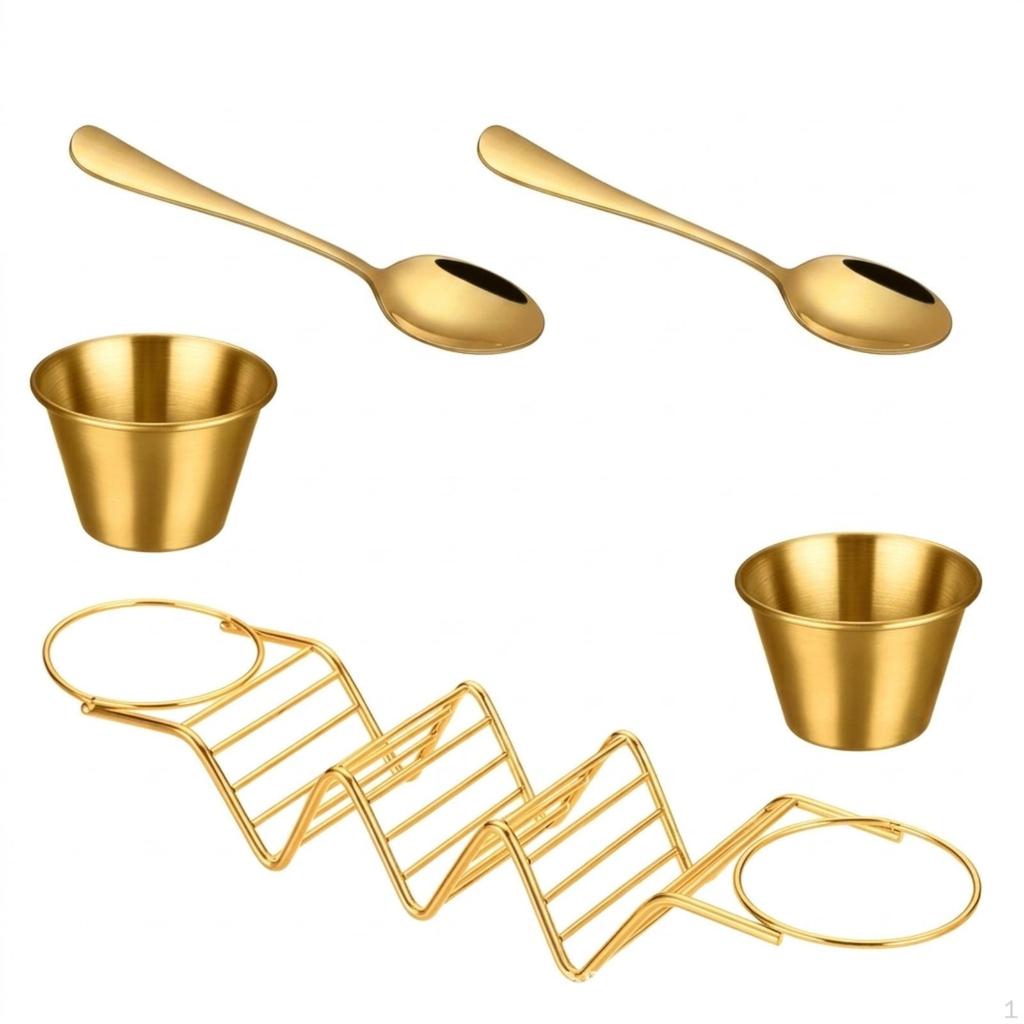 5 Pieces Taco Holder with Sauce Cups Stainless Steel Stand Spoons for Hosts, Parties,