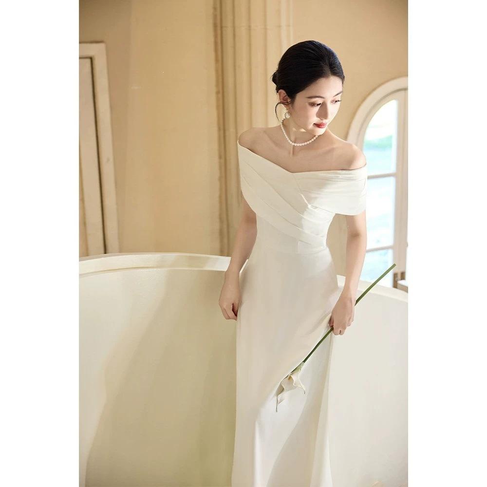 French One-word Shoulder Small White Dress White Light Dress Travel Photo Light Wedding Dress Registration Engagement Dress Dress