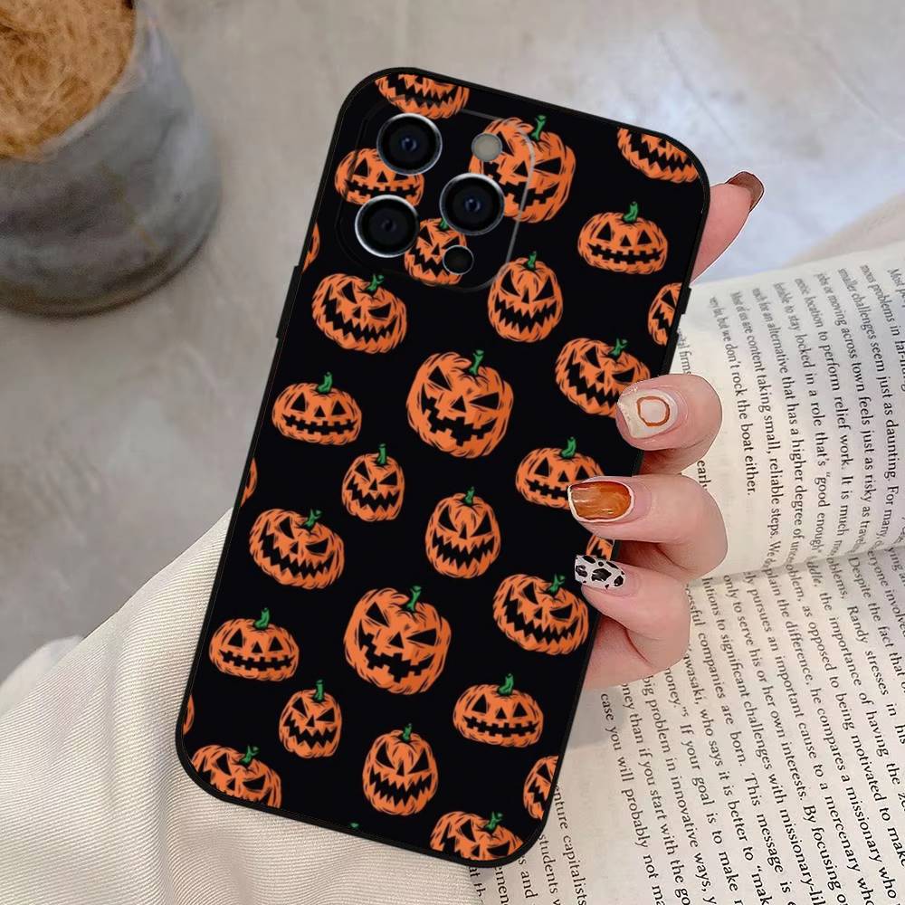 Halloween Pumpkin Head Phone Case For iPhone 17,16,15,14,13,12,11 Plus,Pro Max,XS,Soft Silicone Black Cover