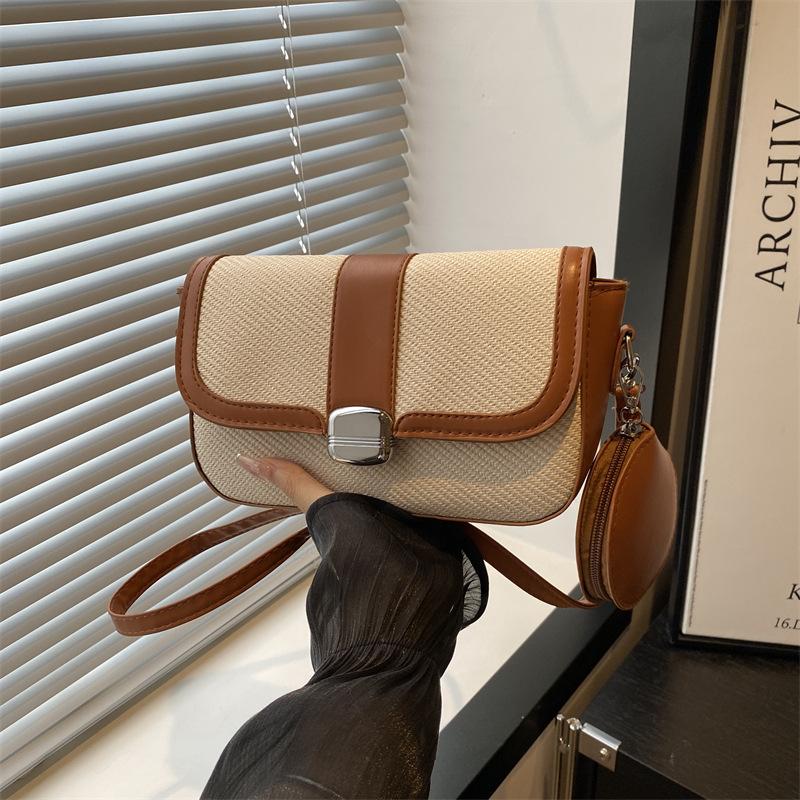 Women's Bag New Contrasting Color Trendy with Saddle Bag Women's Fashion Texture Splicing Single Shoulder Messenger Trendy Bag