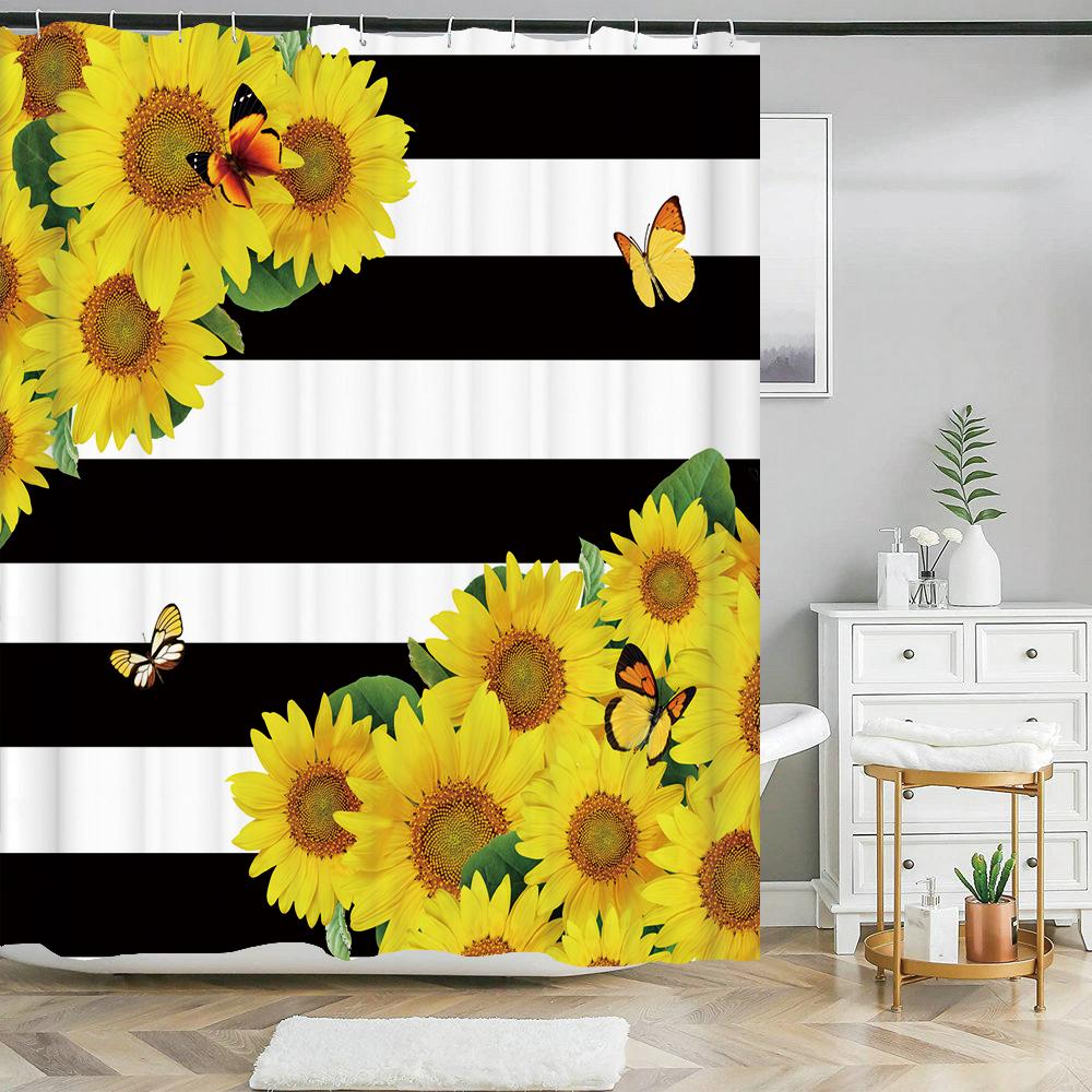 Black White Stripes Flowers Butterfly Pattern Shower Curtain 3D Bath Screen Waterproof Fabric Bathroom Decor Shower Curtains