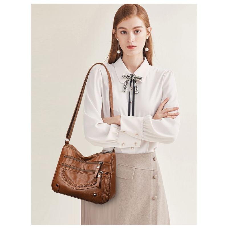 2025 Women's Soft Leather Shoulder & Crossbody Bag Versatile Multi-Pocket Shoulder Bag for Middle-Aged & Elderly