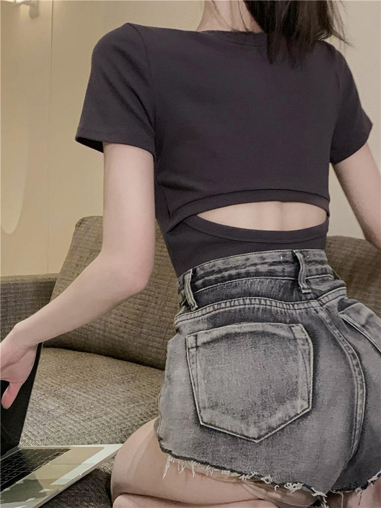 Super hot short top women's summer sexy babes wind backless bottoming shirt solid color versatile short-sleeved t-shirt women