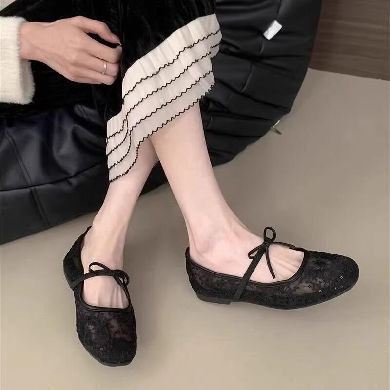 Breathable Lace Mesh Single Shoes 2026 Spring and Summer New Flat Women's Shoes Bow Light Mouth Mary Jane Shoes