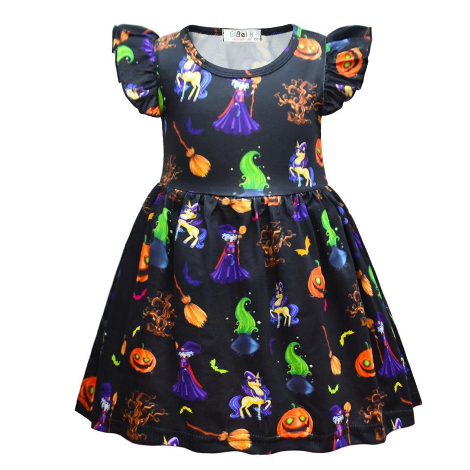 European And American Children'S Skirts Halloween Horror Night Children'S Dresses Short Ruffle Sleeves Girls Clothes Round Neck Evening Dresses