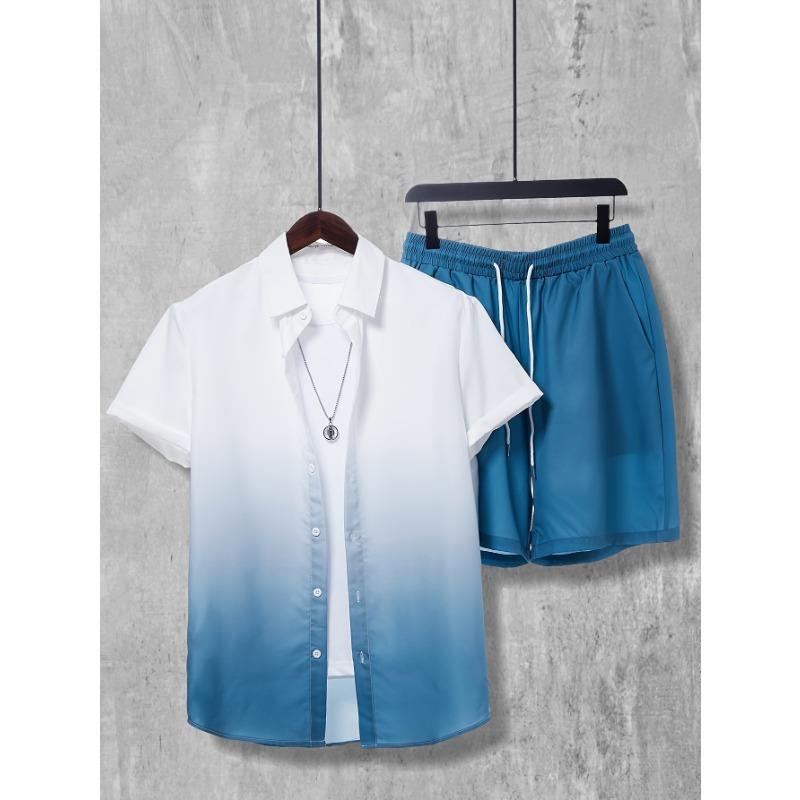 Men's Beige Tropical Leaf Print Shirt and Shorts Set Summer Vacation Wear