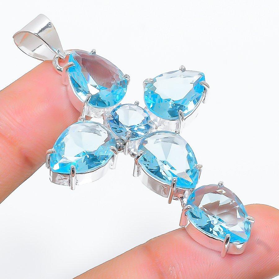 

Подвеска ручной работы в этническом стиле с крестом, швейцарским синим топазом и драгоценным камнем, 2,44 дюйма, SR-7558