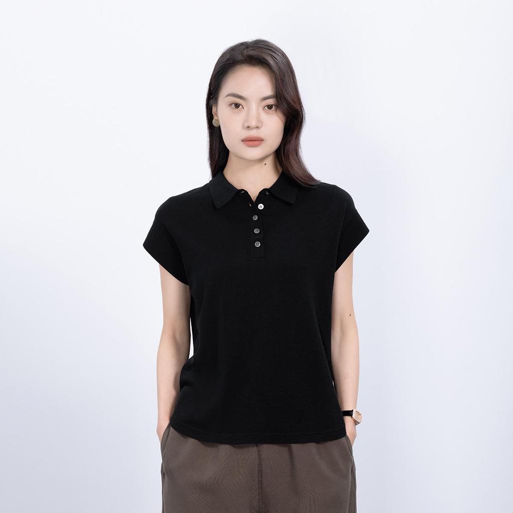 Northern Deer Women's 100% Wool Polo Collar Knit Top with Drop Shoulder Sleeves