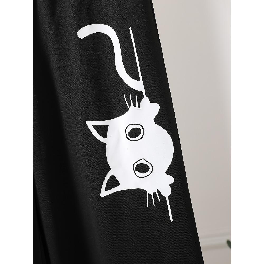 Fashionable Solid Color Cat Print Youth Pants with Loose and Wide Legs, Suitable for Spring