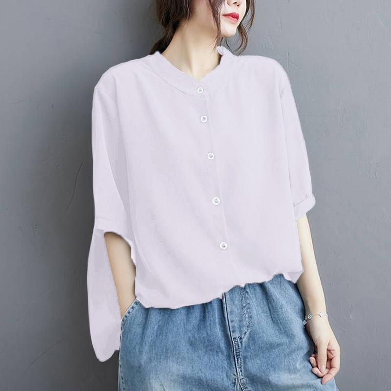 

Однотонная летняя блузка больших размеров для женщин с рукавом пять четвертей, воротником-стойкой, универсальным топом one size белый