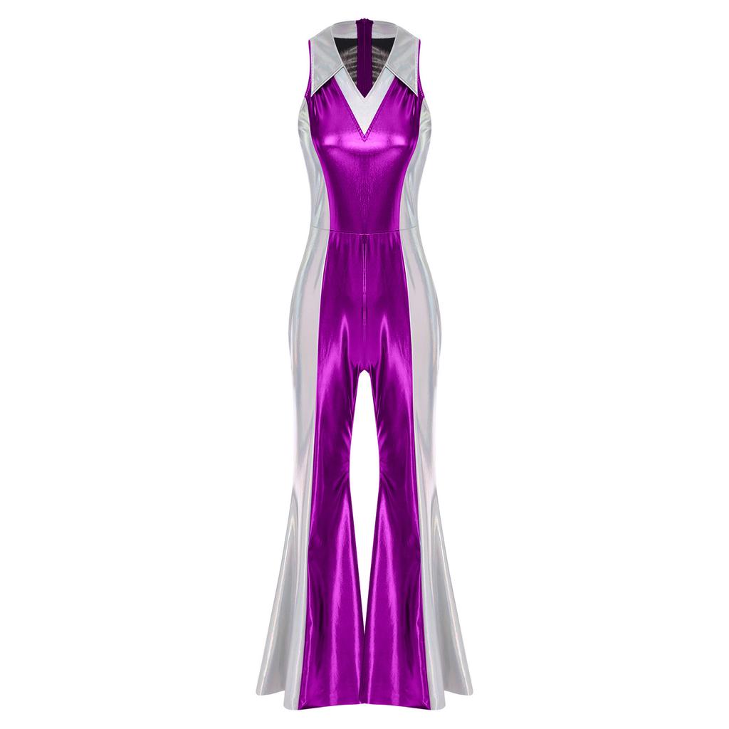 Womens Disco Jumpsuit 70s 80s Style Lapel V Neck Sleeveless Metallic Shiny Flared Pants Romper
