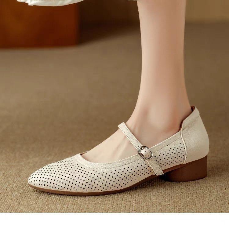 Soft Leather Hollow Small Leather Shoes Summer Thin Hole Shoes with Soft Leather Mother Shoes Soft Sole Mary Jane Single Shoes Women