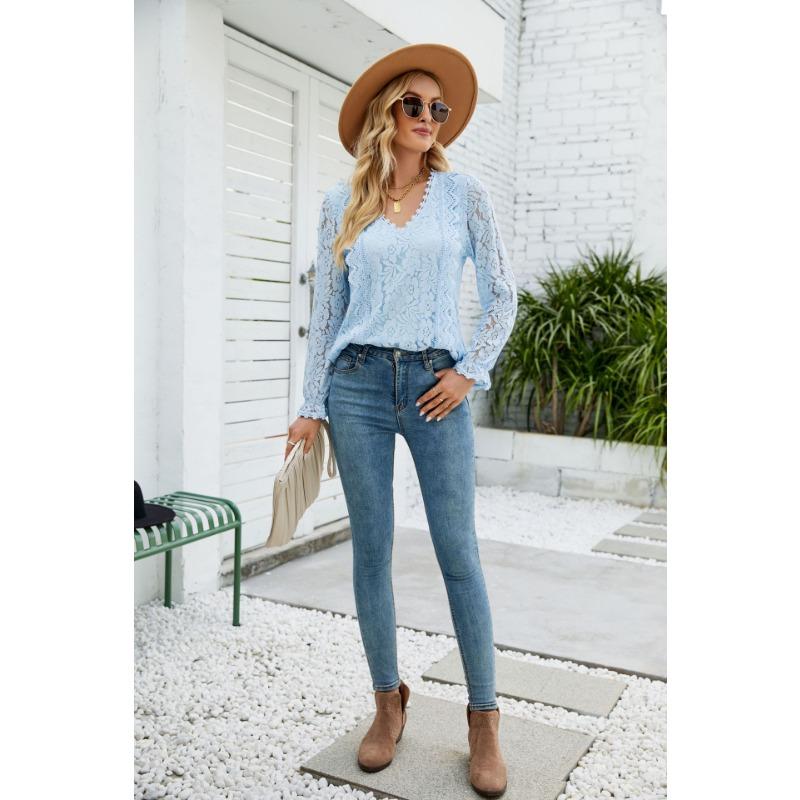 Vår och höst Dam Blus Spets Långärmad Enfärgad Utskuren Spets Sexig Stickad Topp