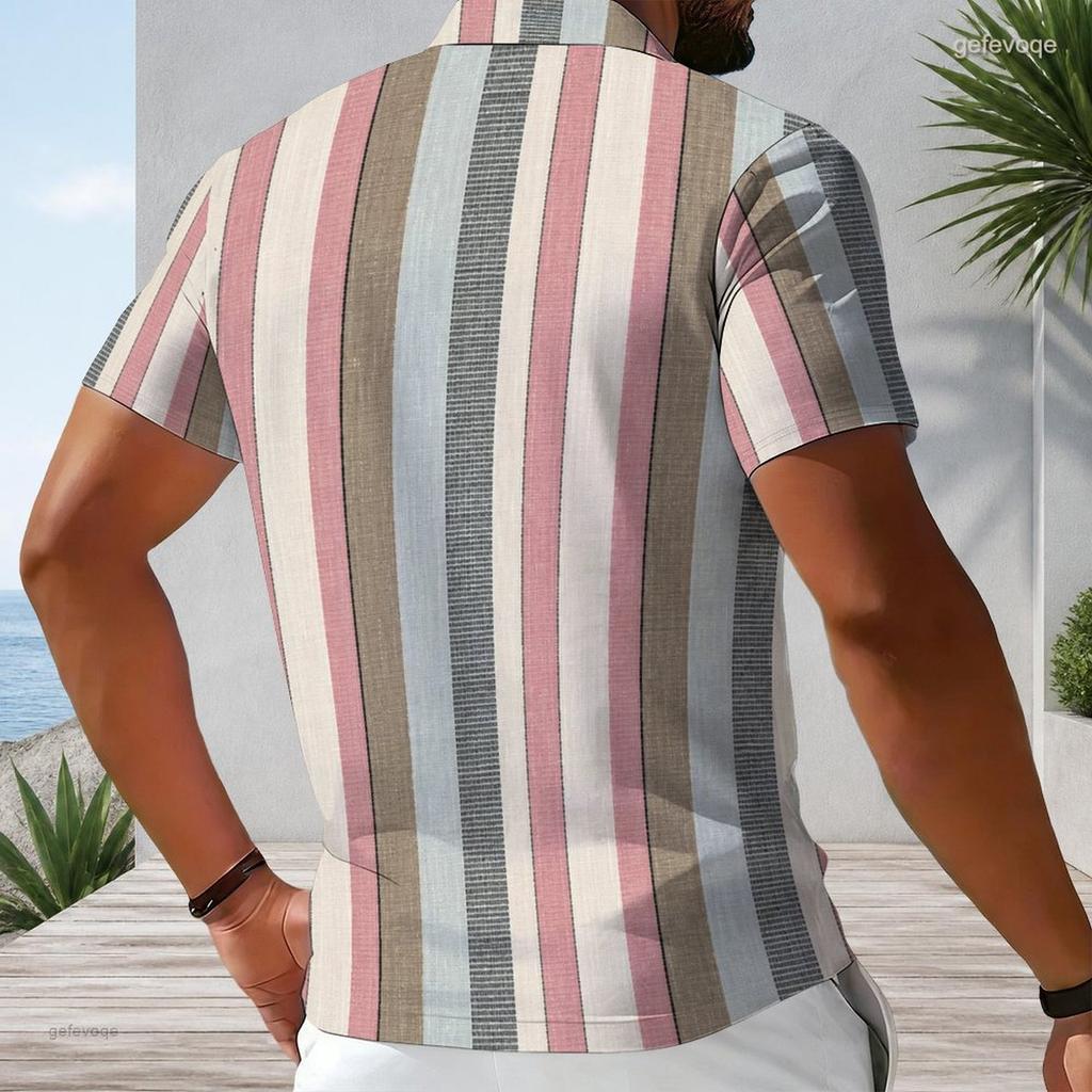 Men Plus Size Short Sleeve Quarter Zip Collared Polo Shirt White With Blue Floral Printed