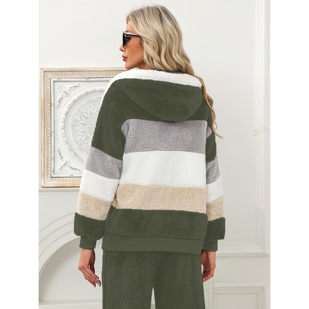 Damen Mehrfarbiger Flauschiger Kapuzenmantel, Lockere Warme Plüschjacke für Herbst Winter
